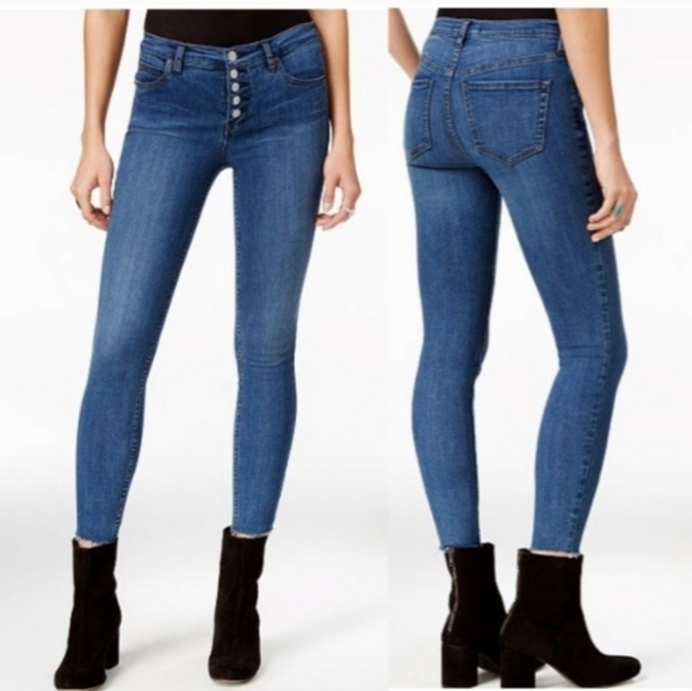 Free People High Rise Skinny‎ Jeans Button Fly Raw Hem Dark Wash W26